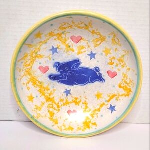 Dan Lasser Vintage Ceramic Stoneware Art Pottery Pasta Bowl Blue Rabbit Design